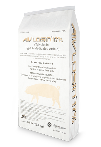 Aivlosin is a broad spectrum Tylvalosin Type B medicated feed, effective against both Gram-positive and Gram-negative organisms that can cause swine respiratory disease, or swine ileitis.