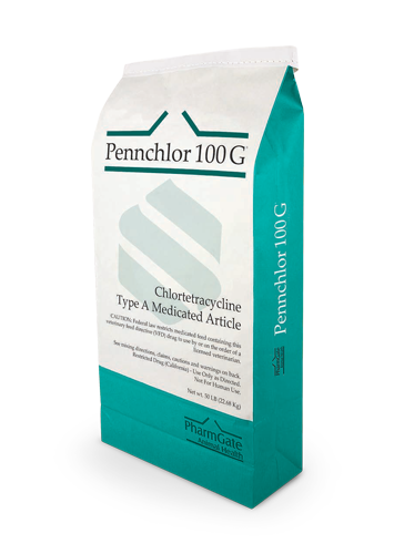 Pennchlor is a Broad spectrum, effective chlortetracycline in feed and water against both Gram-positive and Gram-negative organisms for swine, cattle, sheep, and poultry. It is commonly used for swine pneumonia treatment, swine E. coli treatment, swine salmonella treatment, cattle liver abscess treatment, cattle shipping fever treatment, cattle enteritis treatment, cattle pneumonia treatment, control of vibrionic abortion in sheep, fowl cholera, chicken mycoplasma, air sac infections, CRD, turkey synovitis, turkey.